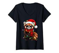 Women's Festive Xmas Lights Fun Animal Santa Hat Red Panda Christmas V-Neck T-Shirt