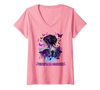 Womens Fibromyalgia Awareness Butterfly Lady V-Neck T-Shirt