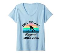 Womens Field Hockey Legend Since 2006 Retro Sunset Birthday V-Neck T-Shirt