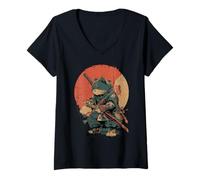 Womens Fierce Cat Samurai Warrior Art V-Neck T-Shirt