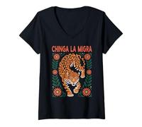Womens Fierce Chinga La Migra Jaguar Design Floral V-Neck T-Shirt