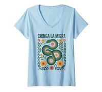 Womens Fierce Chinga La Migra Snake Design Floral V-Neck T-Shirt