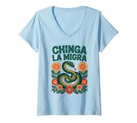 Womens Fierce Chinga La Migra Snake Design Floral V-Neck T-Shirt