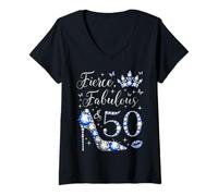 Womens Fierce Fabulous & 50 Years Old 50th Birthday Blue V-Neck T-Shirt