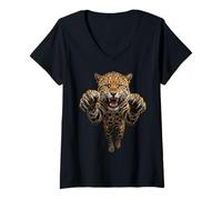 Women's Fierce Leaping Jaguar Big Cat Graphic V-Neck T-Shirt