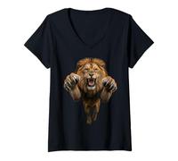 Women's Fierce Leaping Lion King of Beasts Graphic V-Neck T-Shirt