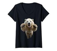Women's Fierce Leaping Polar Bear Wild Animal Graphic V-Neck T-Shirt