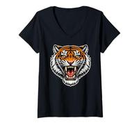Women's Fierce Roaring Tiger Head Angry Predator V-Neck T-Shirt