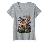 Womens Fiery Dog and Forest Art Graphic V-Neck T-Shirt