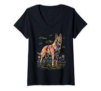 Womens Fiery Dog and Forest Art Graphic V-Neck T-Shirt