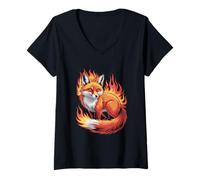 Womens Fiery Fox with Flames Magical Creature V-Neck T-Shirt