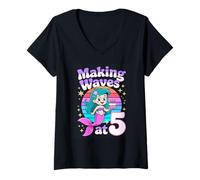 Women's Fifth Birthday Mermaid Making Waves At 5 Girl V-Neck T-Shirt