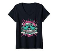 Womens Fifties 1950s Car Music Sock Hop Dance Rockabilly 50s Art V-Neck T-Shirt