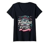 Womens Fifties 1950s Car Music Sock Hop Dance Rockabilly 50s Art V-Neck T-Shirt