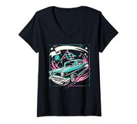 Womens Fifties 1950s Car Music Sock Hop Dance Rockabilly 50s Art V-Neck T-Shirt