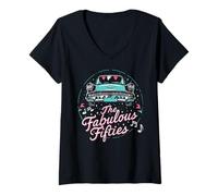 Womens Fifties 1950s Car Music Sock Hop Dance Rockabilly 50s Art V-Neck T-Shirt