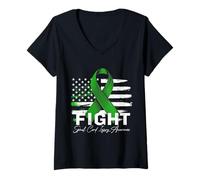 Womens Fight Spinal Cord Injury Awareness Green Ribbon USA Flag V-Neck T-Shirt