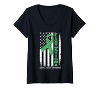 Womens Fight The Stigma Green Ribbon Awareness American Flag V-Neck T-Shirt