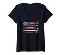 Womens Fighter Jet Airplane American Flag Heart 4th Of July Retro V-Neck T-Shirt
