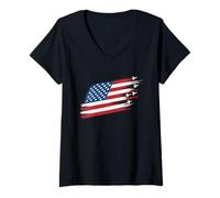 Womens Fighter Jet Airplane American Flag Heart 4th Of July Retro V-Neck T-Shirt