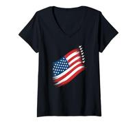 Womens Fighter Jet Airplane American Flag Heart 4th Of July Retro V-Neck T-Shirt