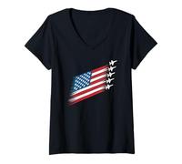 Womens Fighter Jet Airplane American Flag Heart 4th Of July Retro V-Neck T-Shirt