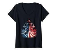 Womens Fighter Jet Airplane American Flag Heart 4th Of July Retro V-Neck T-Shirt