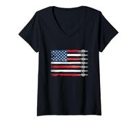 Womens Fighter Jet Airplane American Flag Heart 4th Of July Retro V-Neck T-Shirt