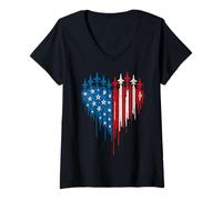 Womens Fighter Jet Airplane Heart American Flag 4th of July USA V-Neck T-Shirt