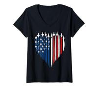 Womens Fighter Jet Airplane Heart American Flag 4th of July USA V-Neck T-Shirt