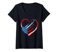 Womens Fighter Jet Airplane Heart American Flag 4th of July USA V-Neck T-Shirt