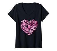 Womens Fighting Breast Cancer Awareness Heart Pink Ribbon V-Neck T-Shirt