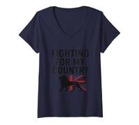 Womens Fighting for My Country, Patriot Lion Union Jack UK Pride V-Neck T-Shirt