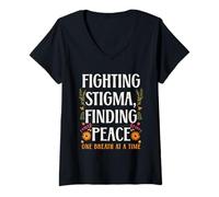 Womens Fighting Stigma Finding Peace Mental Health Awareness V-Neck T-Shirt