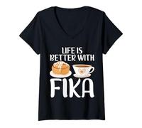 Women's Fika Coffee Cinnamon Bun Kanelbullar V-Neck T-Shirt