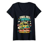 Women's Final Bell Express Teacher Summer Fun Retro Bus V-Neck T-Shirt