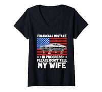 Women's Financial Mistake in Progress Muscle Car American with Flag V-Neck T-Shirt