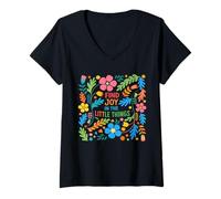 Women's Find Joy in The Little Things Cute Floral Spring Affirmation V-Neck T-Shirt