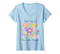 Women's Find Joy in The Little Things Cute Floral Spring Affirmation V-Neck T-Shirt