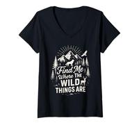 Womens Find Me Where The Wild Things are Mountain Wolf Deer Nature V-Neck T-Shirt