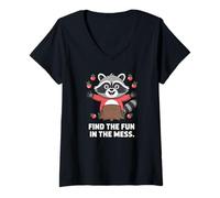 Womens Find the fun Raccoon in Red Sweater with Tomatoes V-Neck T-Shirt