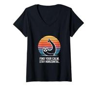 Womens Find Your Calm Stay Horizontal Sloth V-Neck T-Shirt