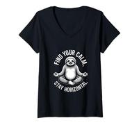 Womens Find Your Calm Stay Horizontal Sloth V-Neck T-Shirt