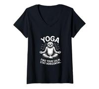 Womens Find Your Calm Stay Horizontal Sloth V-Neck T-Shirt