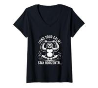 Womens Find Your Calm Stay Horizontal Sloth V-Neck T-Shirt