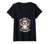Womens Find Your Calm Stay Horizontal Sloth V-Neck T-Shirt