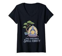 Womens Find Your Inner Shell-ebrity Yoga Pun Meditating Box Turtle V-Neck T-Shirt