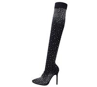Womens Fine Stretch Mesh Socks Fit Diamante Sparkly Glamor Pointed Toe Thigh High Heeled Boots with Bling Rhinestones in Black