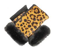 Women's Fingerless Faux Fur-Lined Suede and Ponyskin Leopard Print Mittens with Faux Fur Trim - Leopard / L