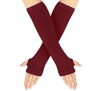 Women's Fingerless Gloves Women Long Striped Fingerless Gloves 1 Pair Warm Half Gloves Winter Pulse Warmer Arm Warmers Elbow Length Winter Thermal Stretchy Gloves with Thumb Hole, wine red, One Size